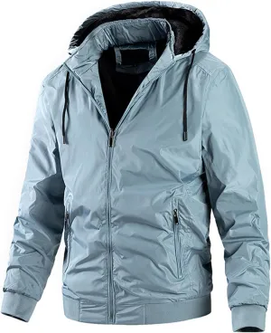 Canbebig Men's Thin Jackets Casual Work Track Jacket Solid Removable Hooded Jackets Windbreaker with Warm Light Inner Padding