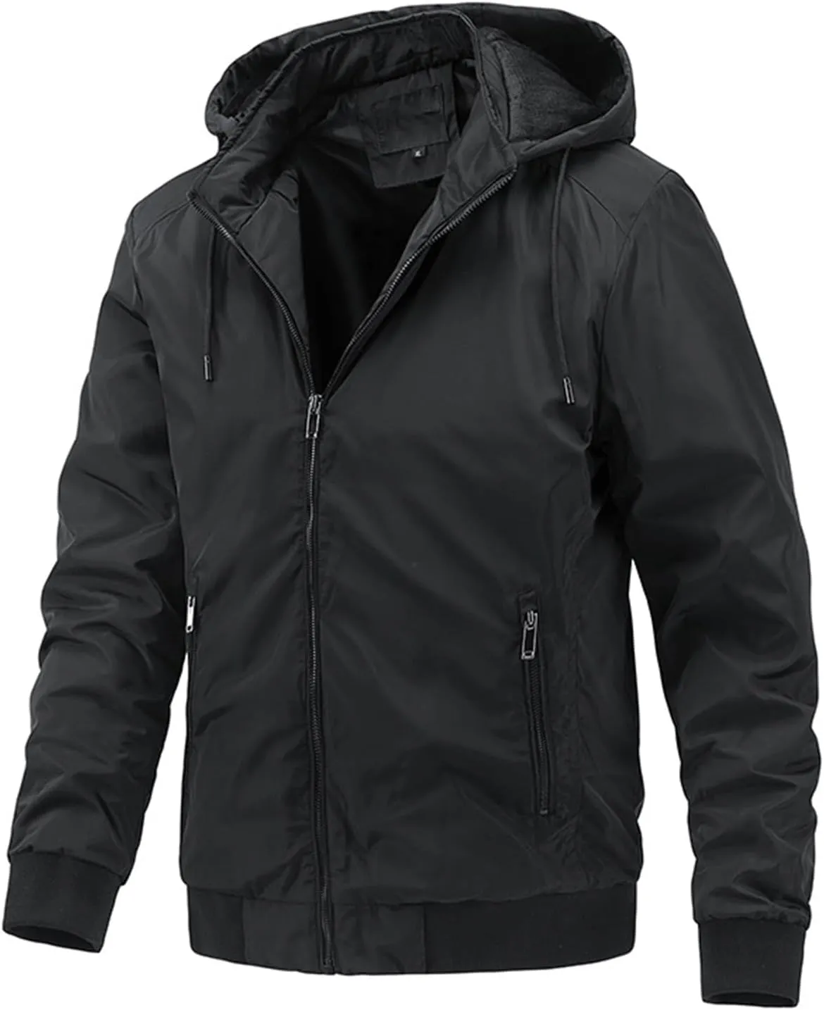 Canbebig Men's Thin Jackets Casual Work Track Jacket Solid Removable Hooded Jackets Windbreaker with Warm Light Inner Padding