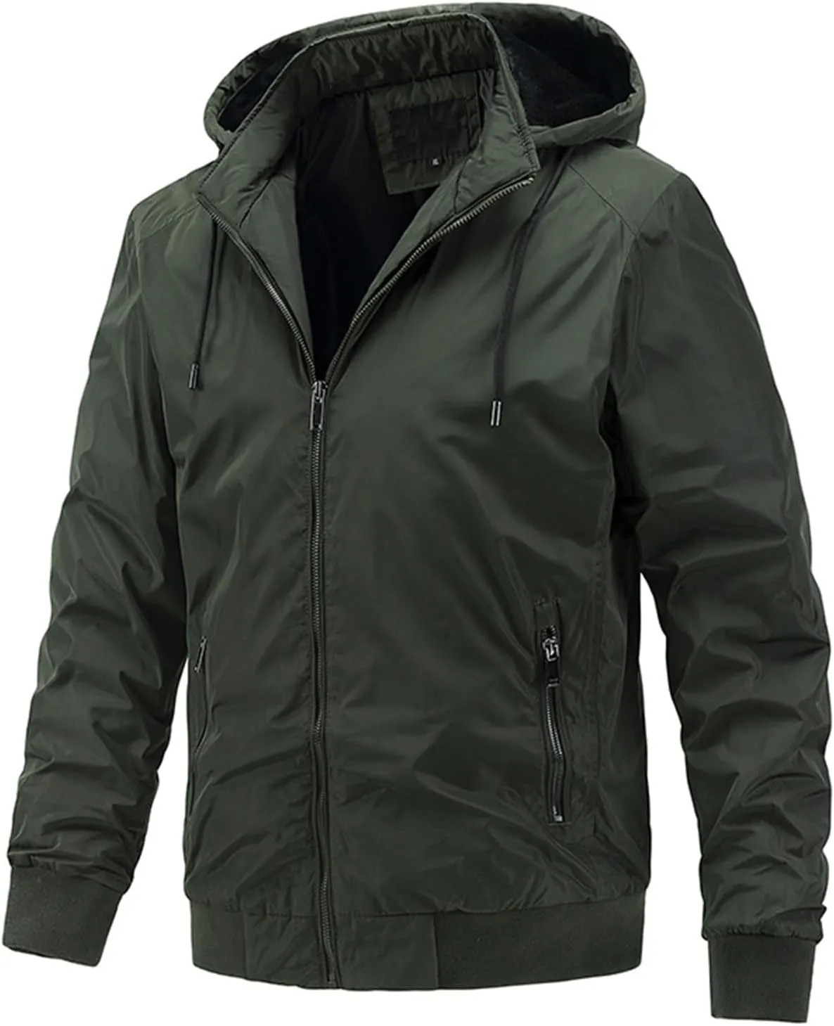 Canbebig Men's Thin Jackets Casual Work Track Jacket Solid Removable Hooded Jackets Windbreaker with Warm Light Inner Padding