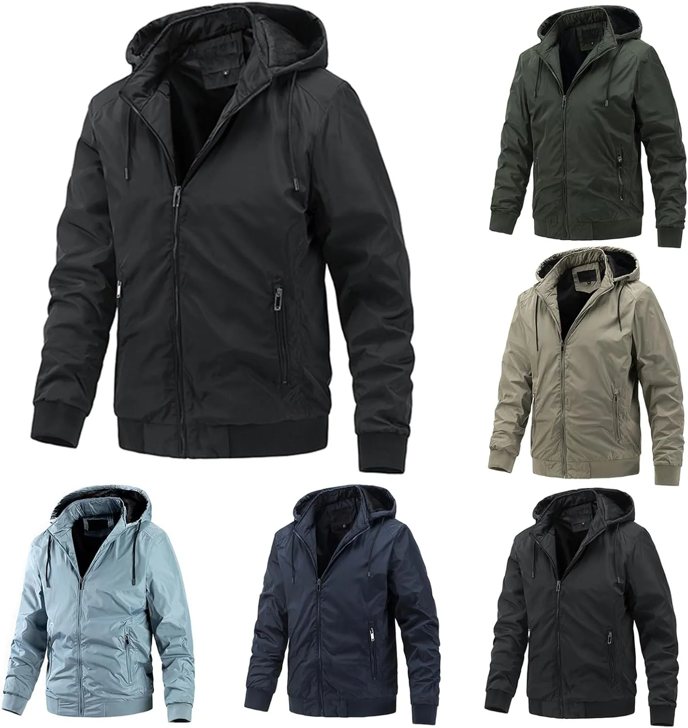 Canbebig Men's Thin Jackets Casual Work Track Jacket Solid Removable Hooded Jackets Windbreaker with Warm Light Inner Padding