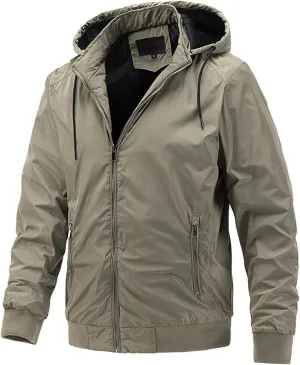 Canbebig Men's Thin Jackets Casual Work Track Jacket Solid Removable Hooded Jackets Windbreaker with Warm Light Inner Padding