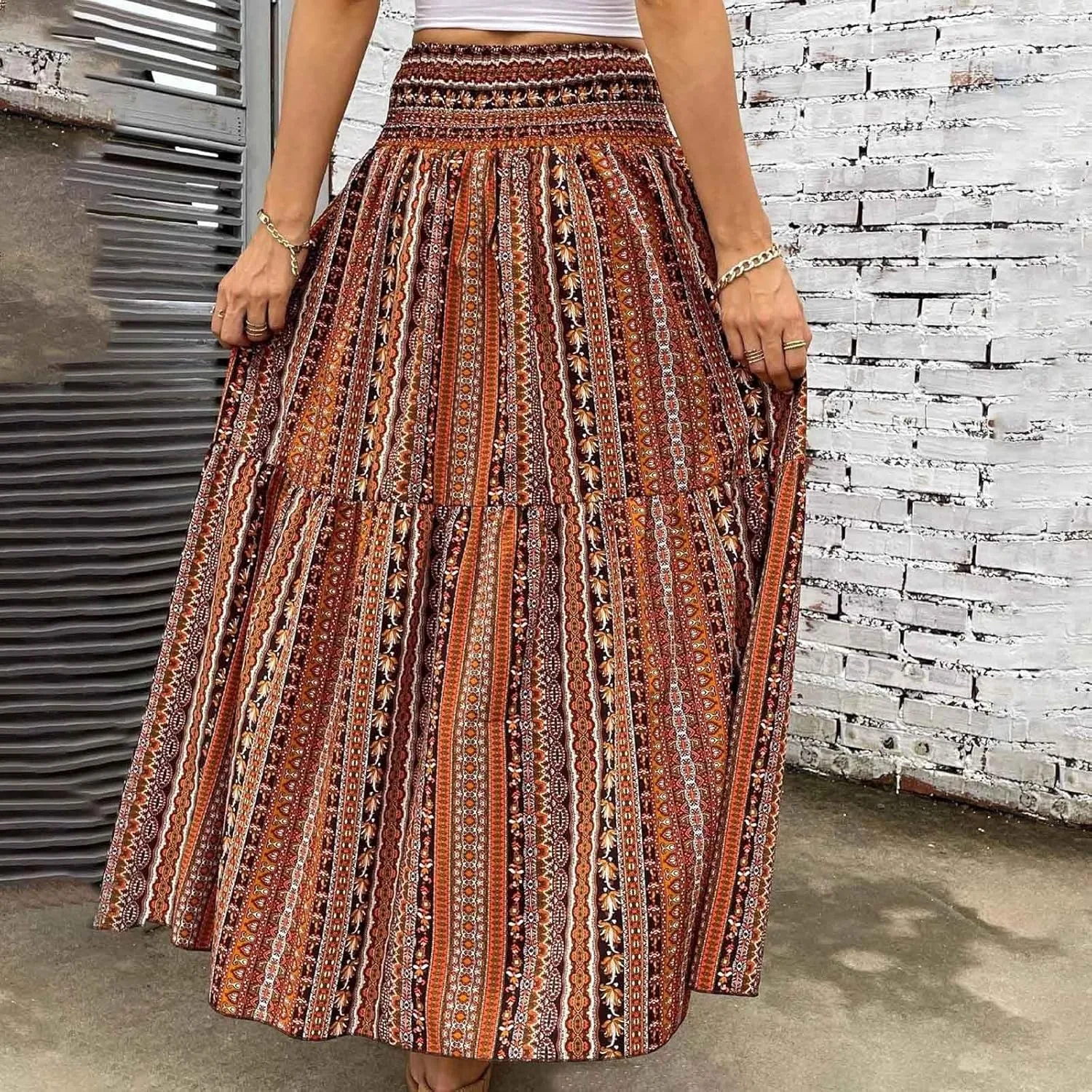 Casual Skirts for Women Summer Vacation Bohemian Aztec Print Pleated High Waist Elastic 2025 Beach Boha Maxi Skirts