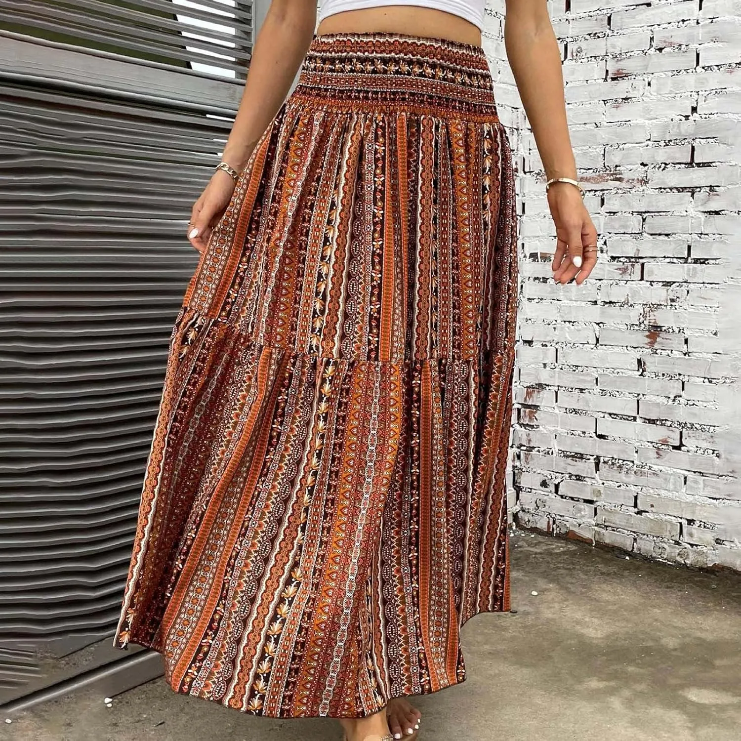 Casual Skirts for Women Summer Vacation Bohemian Aztec Print Pleated High Waist Elastic 2025 Beach Boha Maxi Skirts