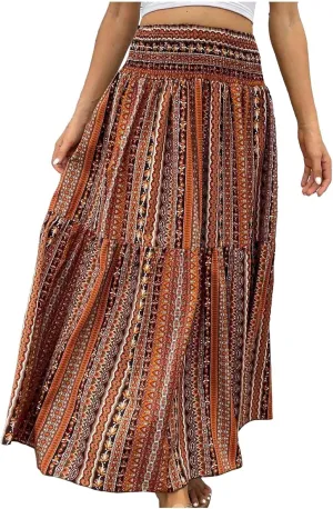 Casual Skirts for Women Summer Vacation Bohemian Aztec Print Pleated High Waist Elastic 2025 Beach Boha Maxi Skirts