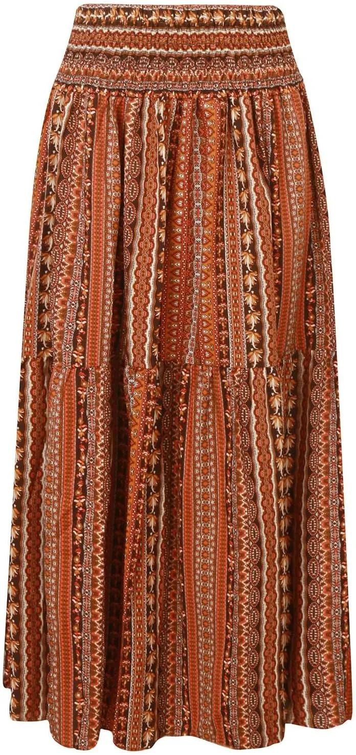 Casual Skirts for Women Summer Vacation Bohemian Aztec Print Pleated High Waist Elastic 2025 Beach Boha Maxi Skirts