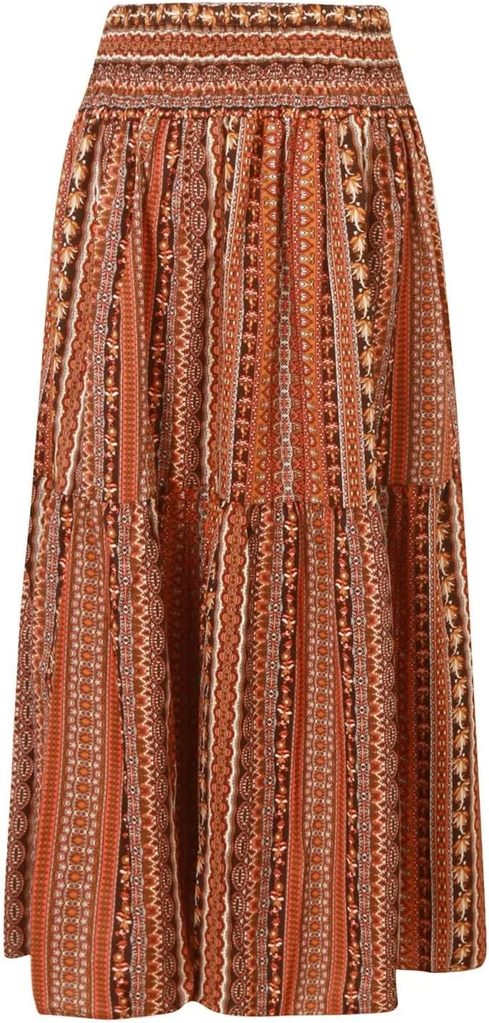 Casual Skirts for Women Summer Vacation Bohemian Aztec Print Pleated High Waist Elastic 2025 Beach Boha Maxi Skirts