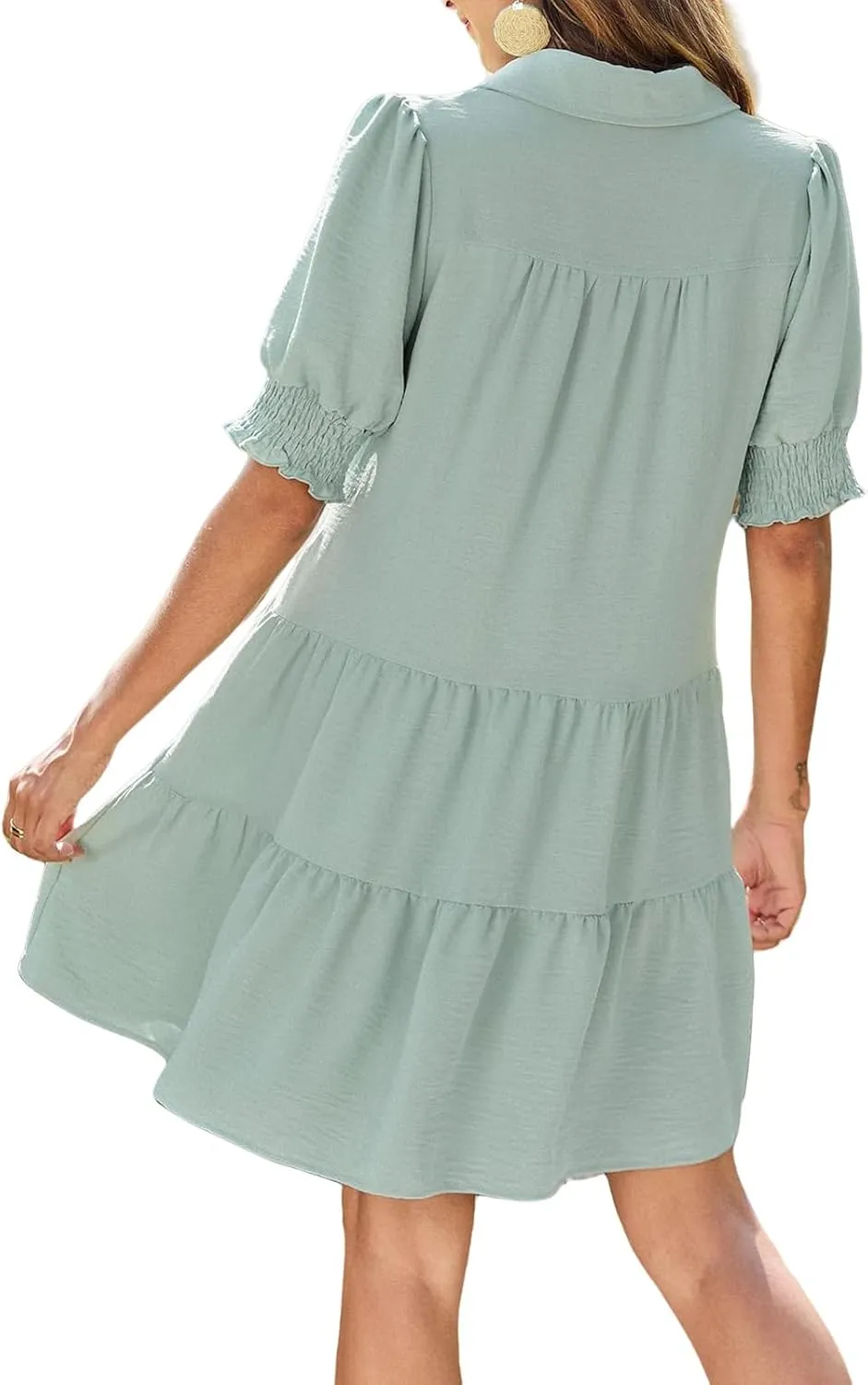 Casual Summer Dresses for Women Lapel Collared V Neck Midi Dress Puff Short Sleeve Ruffle Tiered Dress Sundresses