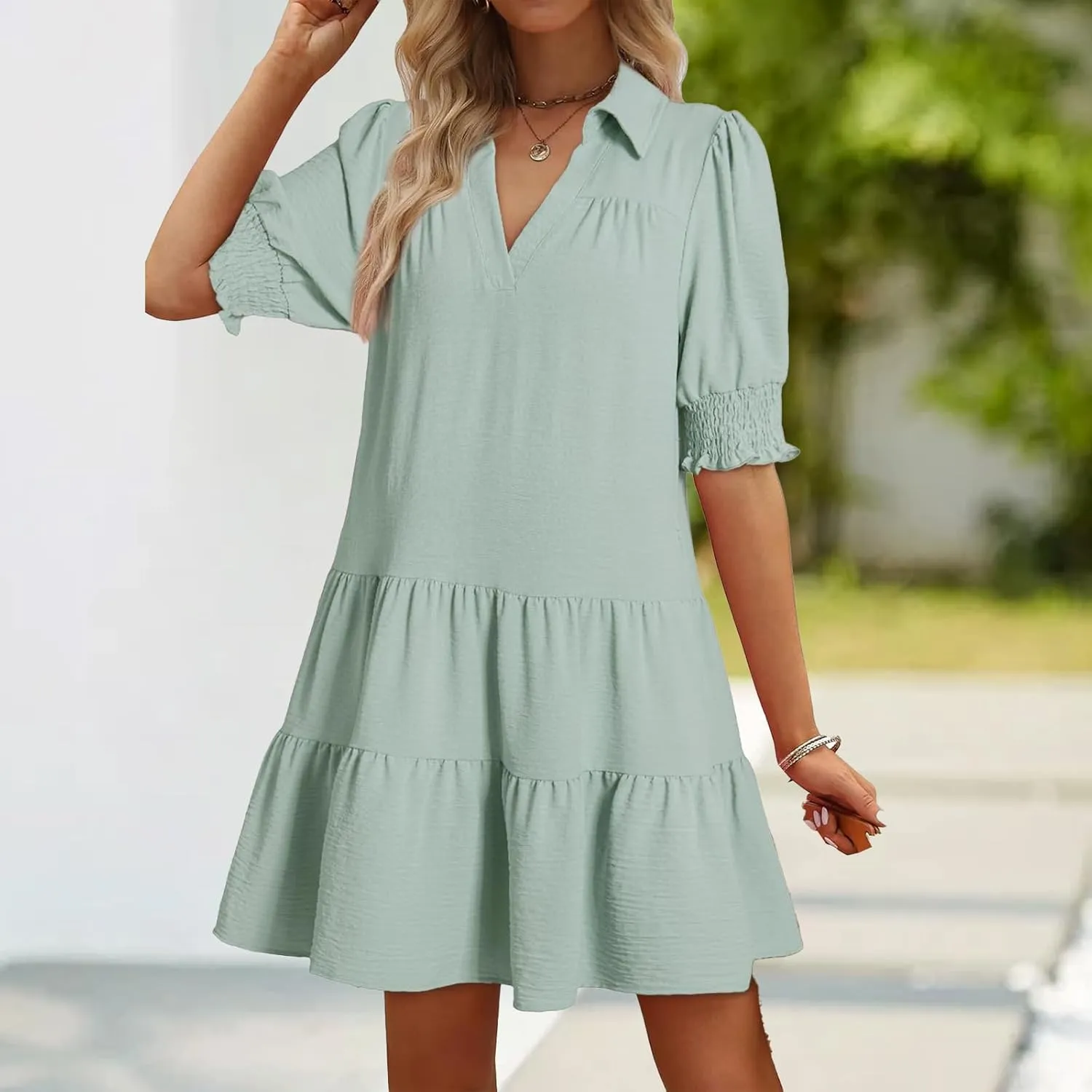 Casual Summer Dresses for Women Lapel Collared V Neck Midi Dress Puff Short Sleeve Ruffle Tiered Dress Sundresses
