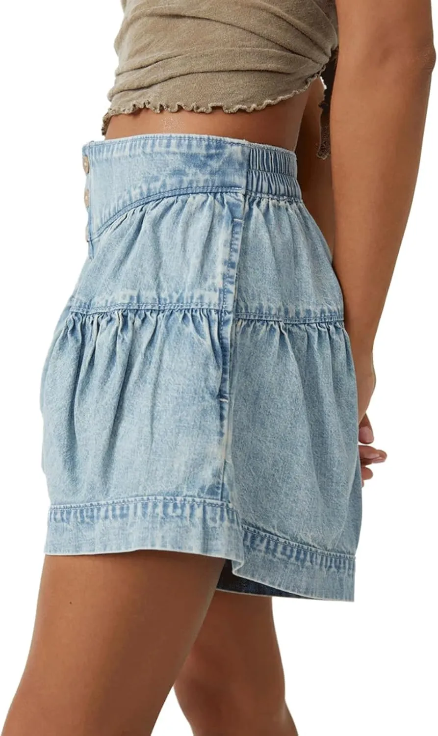 CHARTOU Women Cute Ruffle Hem Denim Short High Waist Wide Leg Jean Shorts Flare Stretchy Short with Pockets