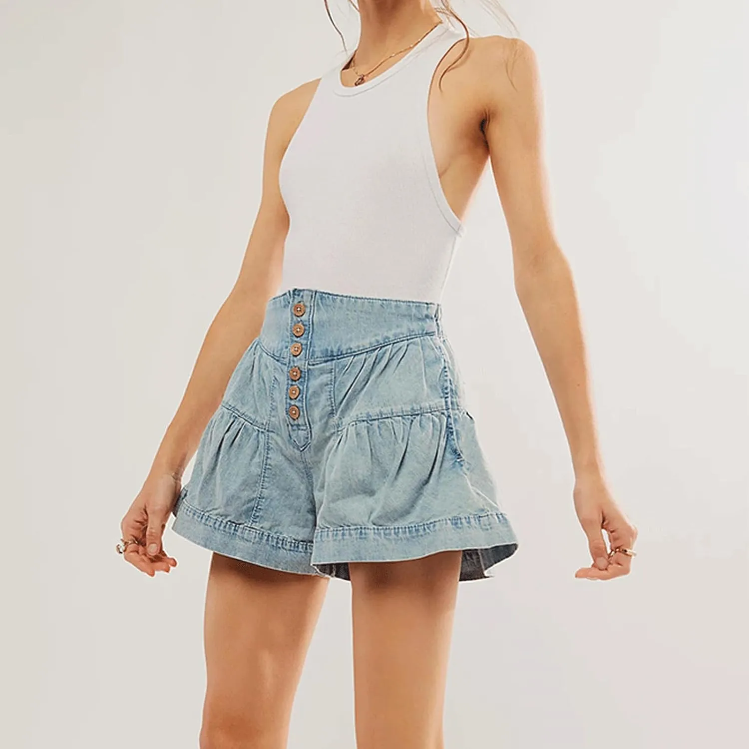CHARTOU Women Cute Ruffle Hem Denim Short High Waist Wide Leg Jean Shorts Flare Stretchy Short with Pockets