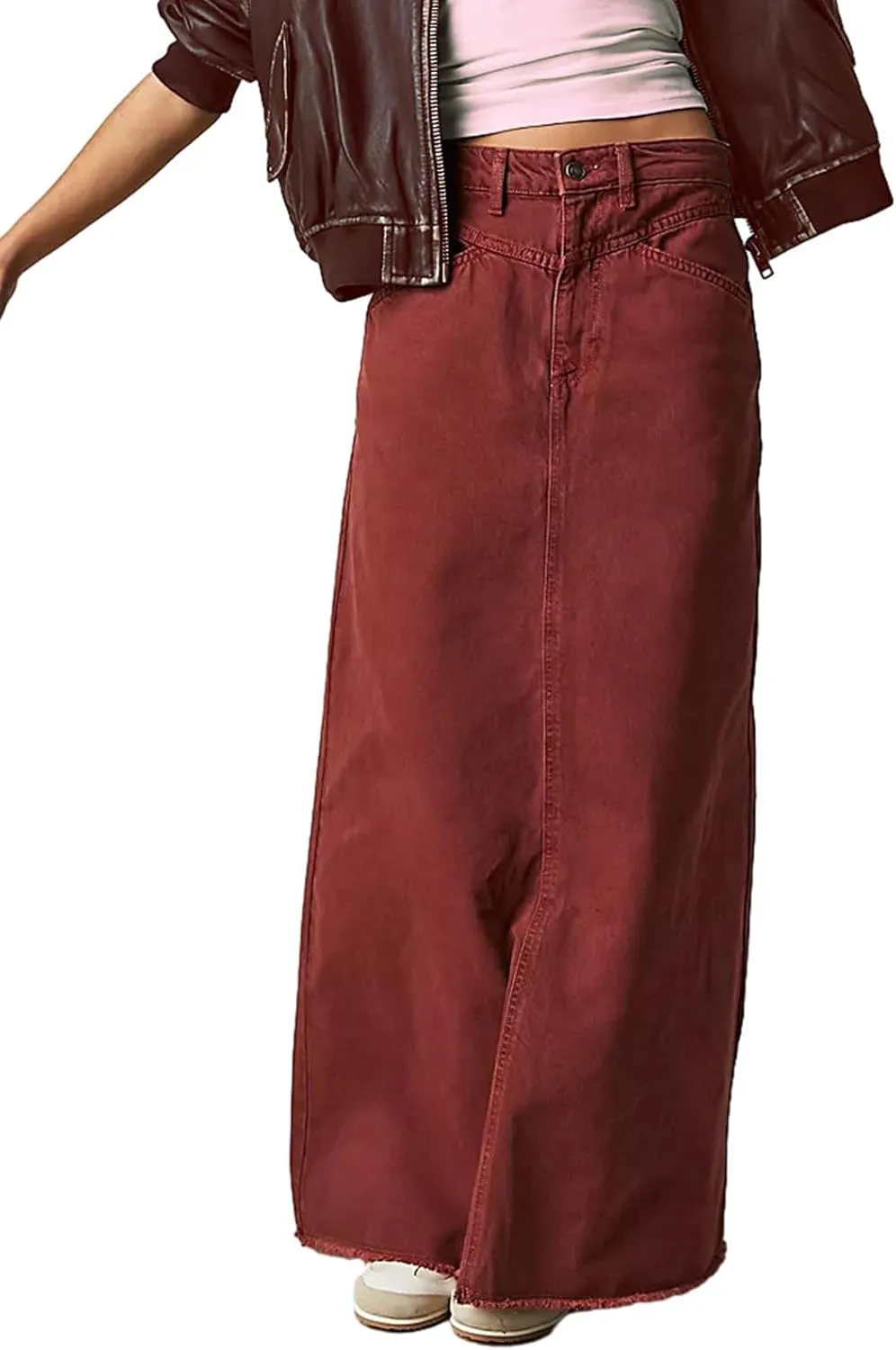 CHARTOU Women Maxi Long Jean Skirt Cargo Frayed Split Up A Line Denim Skirt Straight Streetwear