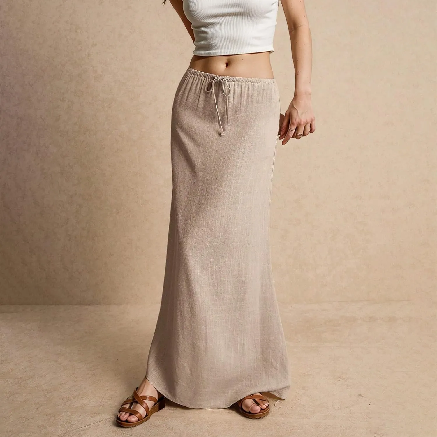 Cotton Linen Skirts for Women Maxi Length Summer Skirts Drawstring Low Rise A-Line Casual Loose Flowy Long Beach Skirt
