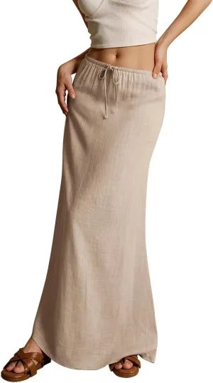 Cotton Linen Skirts for Women Maxi Length Summer Skirts Drawstring Low Rise A-Line Casual Loose Flowy Long Beach Skirt