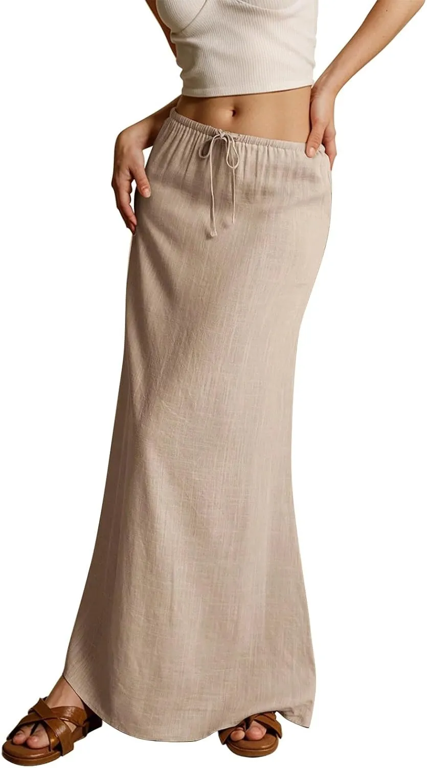 Cotton Linen Skirts for Women Maxi Length Summer Skirts Drawstring Low Rise A-Line Casual Loose Flowy Long Beach Skirt