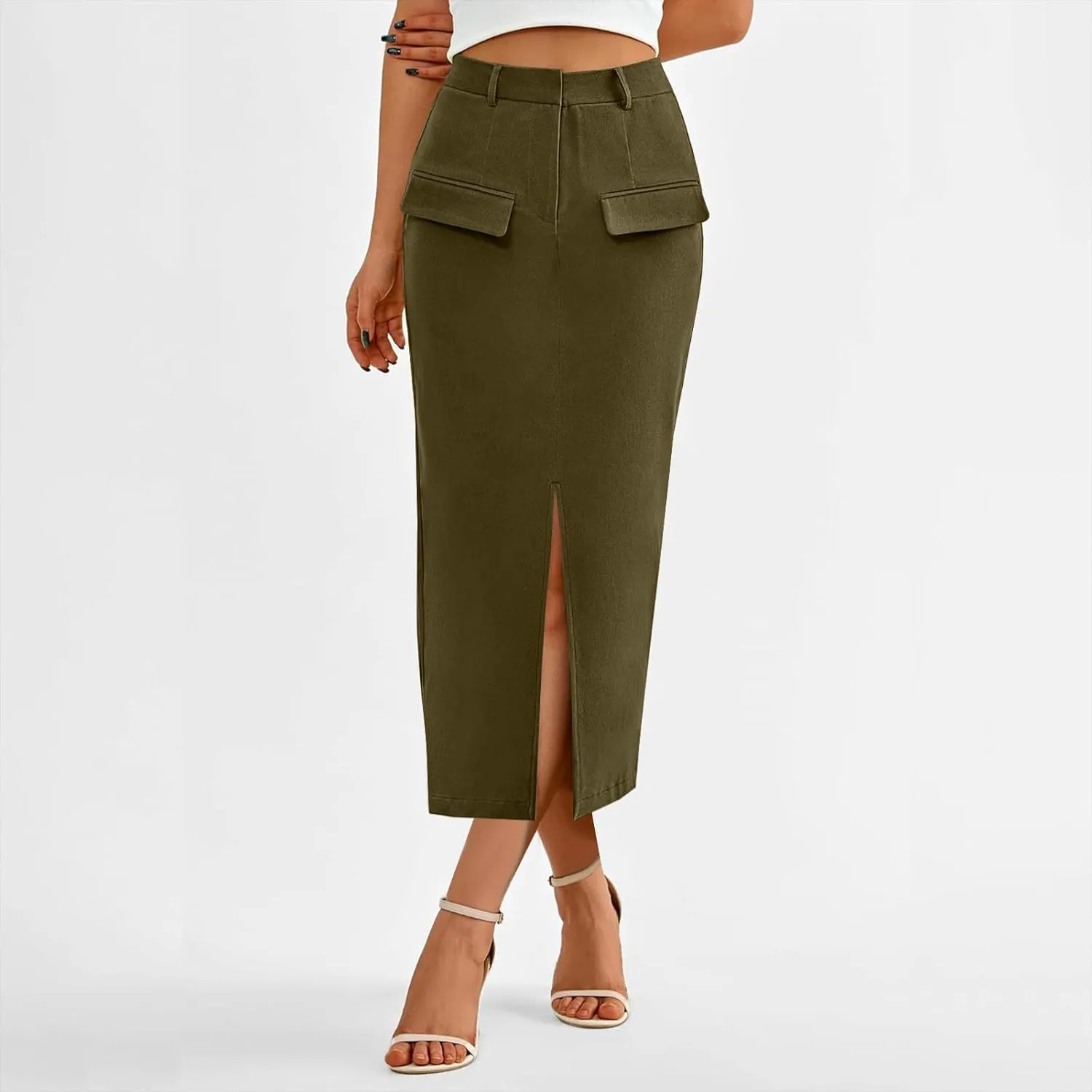Cotton Skirt for Women 2025 Trendy High Waisted Business Work Pencil Slit Skirts Casual Dressy Skirt with Pockets