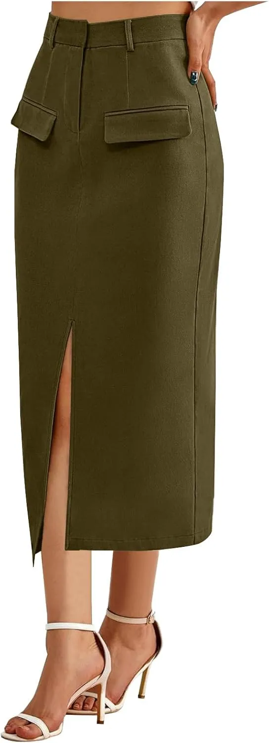 Cotton Skirt for Women 2025 Trendy High Waisted Business Work Pencil Slit Skirts Casual Dressy Skirt with Pockets