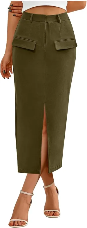 Cotton Skirt for Women 2025 Trendy High Waisted Business Work Pencil Slit Skirts Casual Dressy Skirt with Pockets