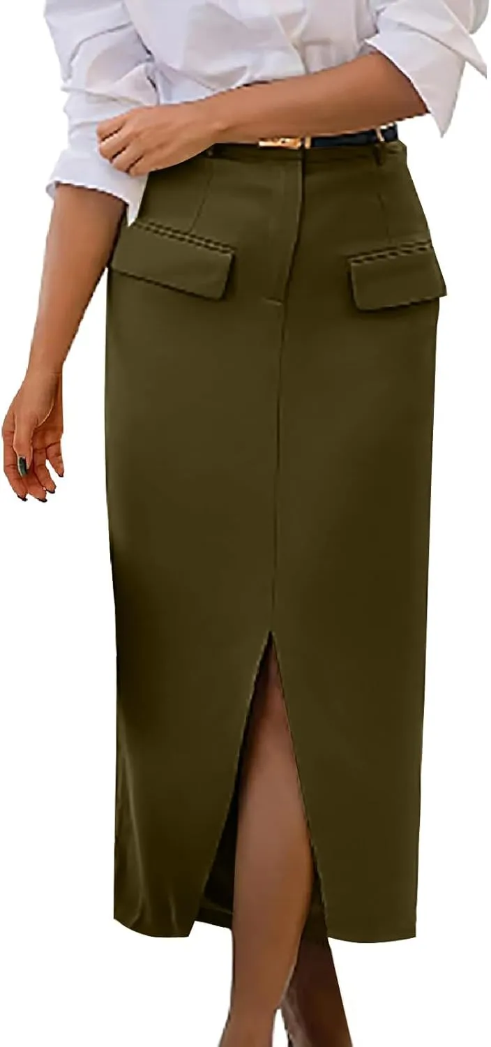 Cotton Skirt for Women 2025 Trendy High Waisted Business Work Pencil Slit Skirts Casual Dressy Skirt with Pockets