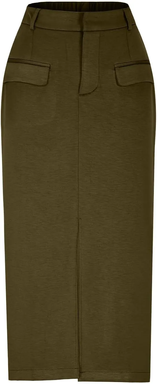Cotton Skirt for Women 2025 Trendy High Waisted Business Work Pencil Slit Skirts Casual Dressy Skirt with Pockets