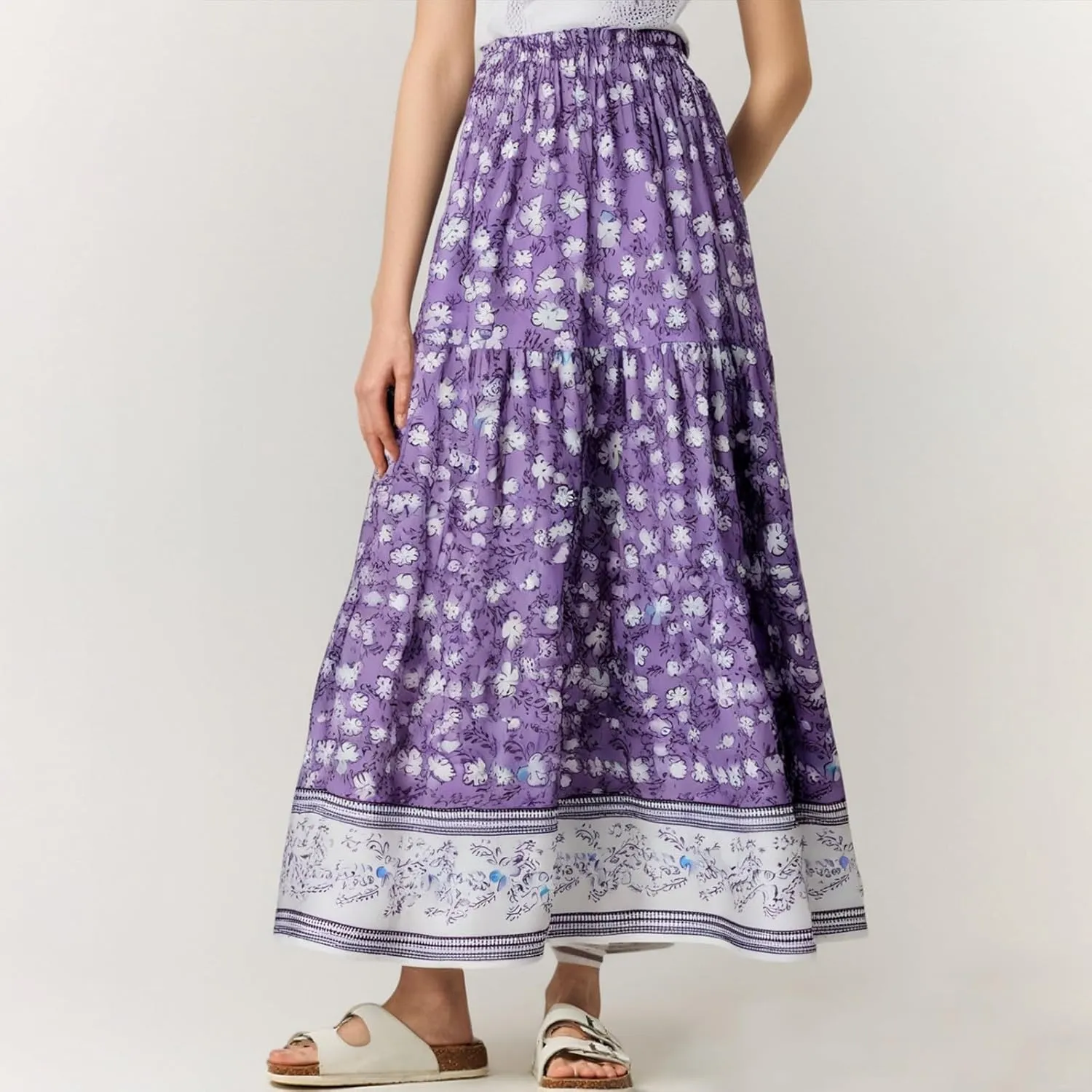 Cute Summer Skirts for Women Beach Maxi Skirt Drawstring High Waisted Smocked Tiered A Line Flowy Long Beach Skirt