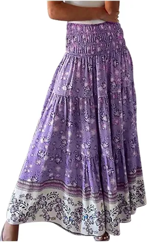Cute Summer Skirts for Women Beach Maxi Skirt Drawstring High Waisted Smocked Tiered A Line Flowy Long Beach Skirt