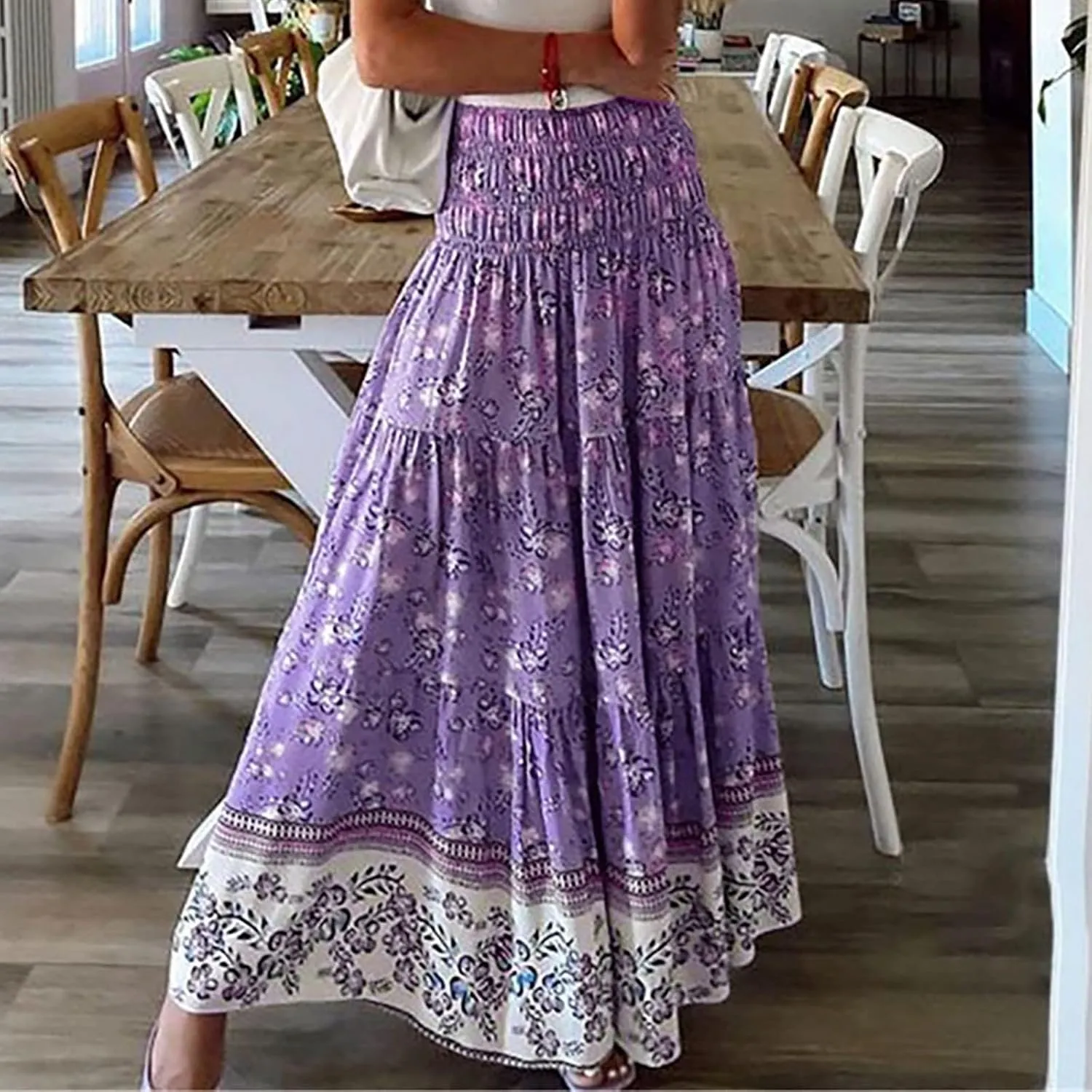 Cute Summer Skirts for Women Beach Maxi Skirt Drawstring High Waisted Smocked Tiered A Line Flowy Long Beach Skirt