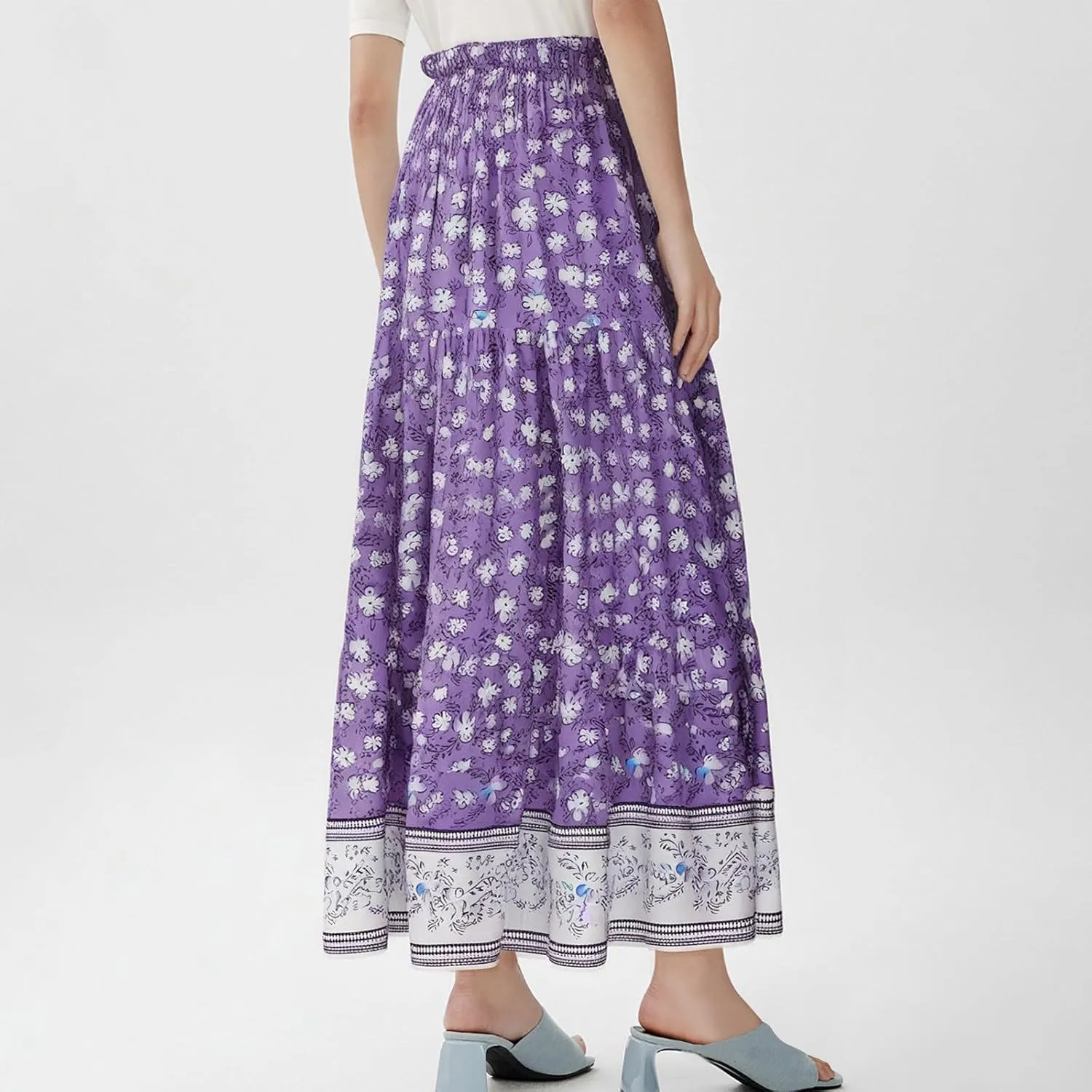 Cute Summer Skirts for Women Beach Maxi Skirt Drawstring High Waisted Smocked Tiered A Line Flowy Long Beach Skirt