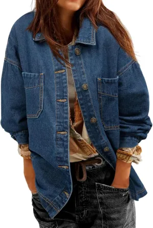 Denim Jackets for Women Oversized Boyfriend Long Sleeve Button Down Shirt Casual Loose Jean Jackets Coat
