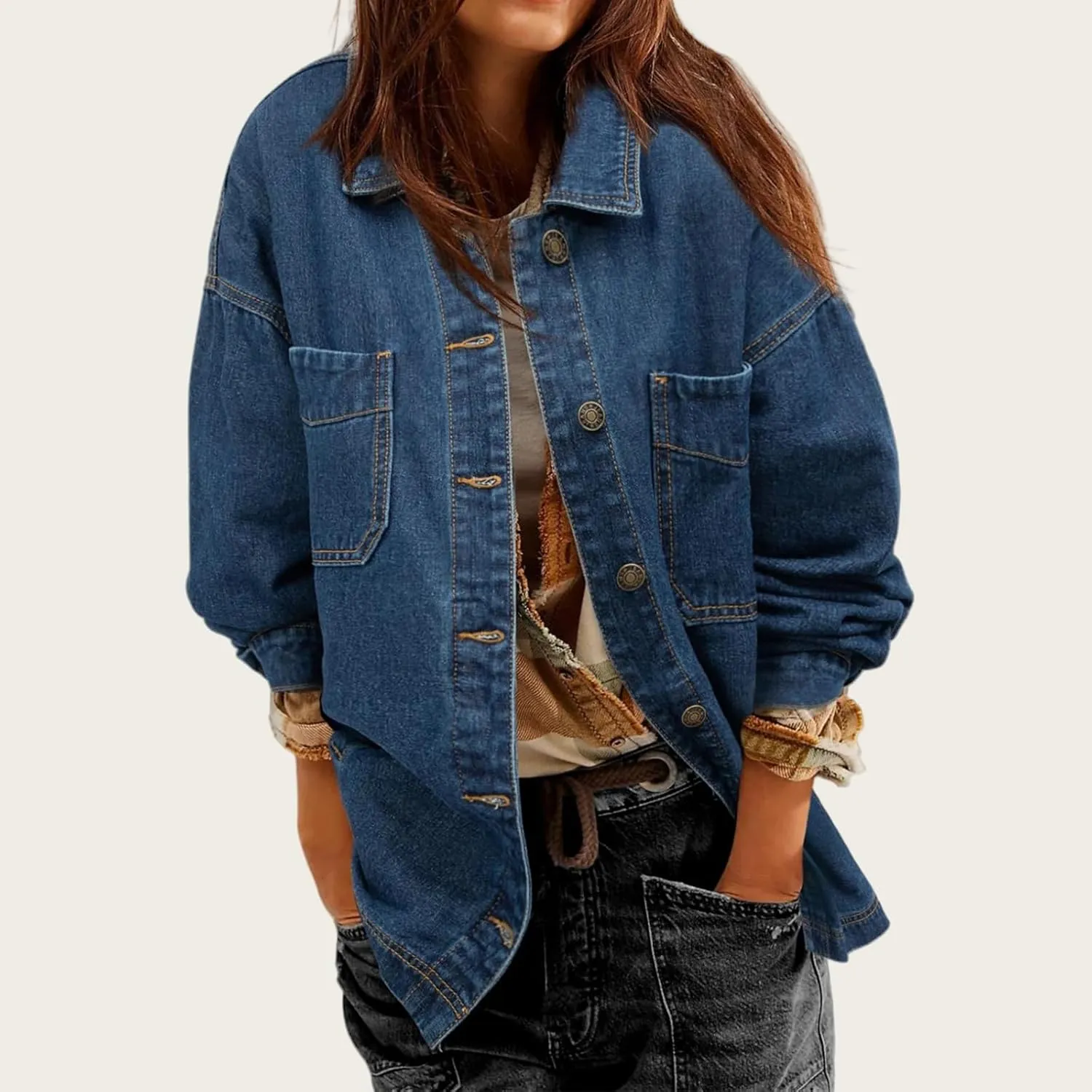 Denim Jackets for Women Oversized Boyfriend Long Sleeve Button Down Shirt Casual Loose Jean Jackets Coat