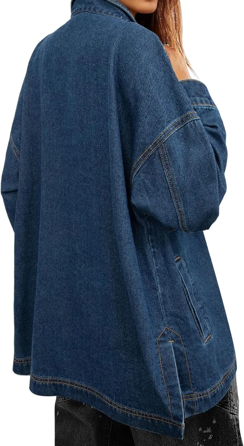 Denim Jackets for Women Oversized Boyfriend Long Sleeve Button Down Shirt Casual Loose Jean Jackets Coat