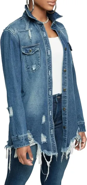 Denim Jackets for Women Trendy Denim Jacket for Women Winter Long Sleeve Classic Distressed Jean Trucker Jackets