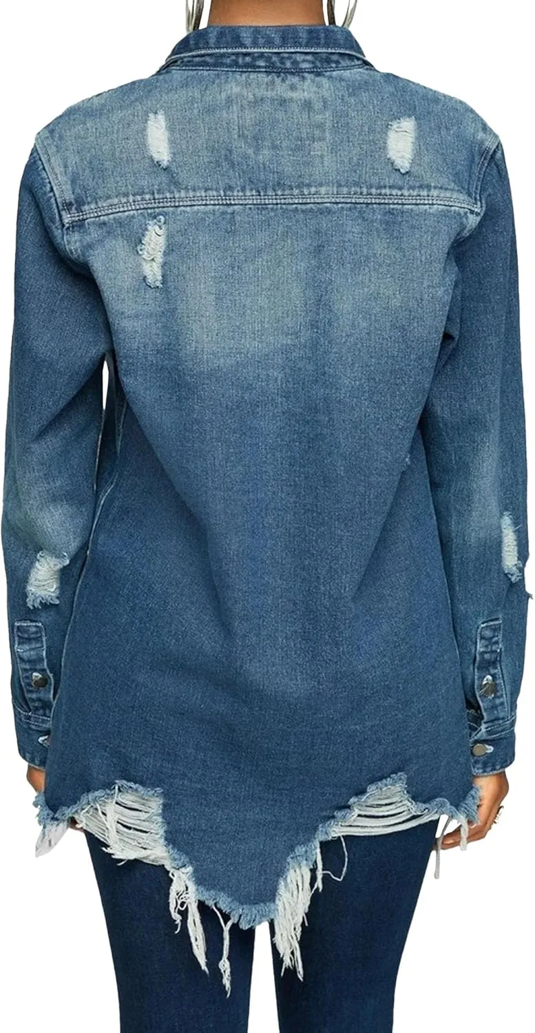 Denim Jackets for Women Trendy Denim Jacket for Women Winter Long Sleeve Classic Distressed Jean Trucker Jackets
