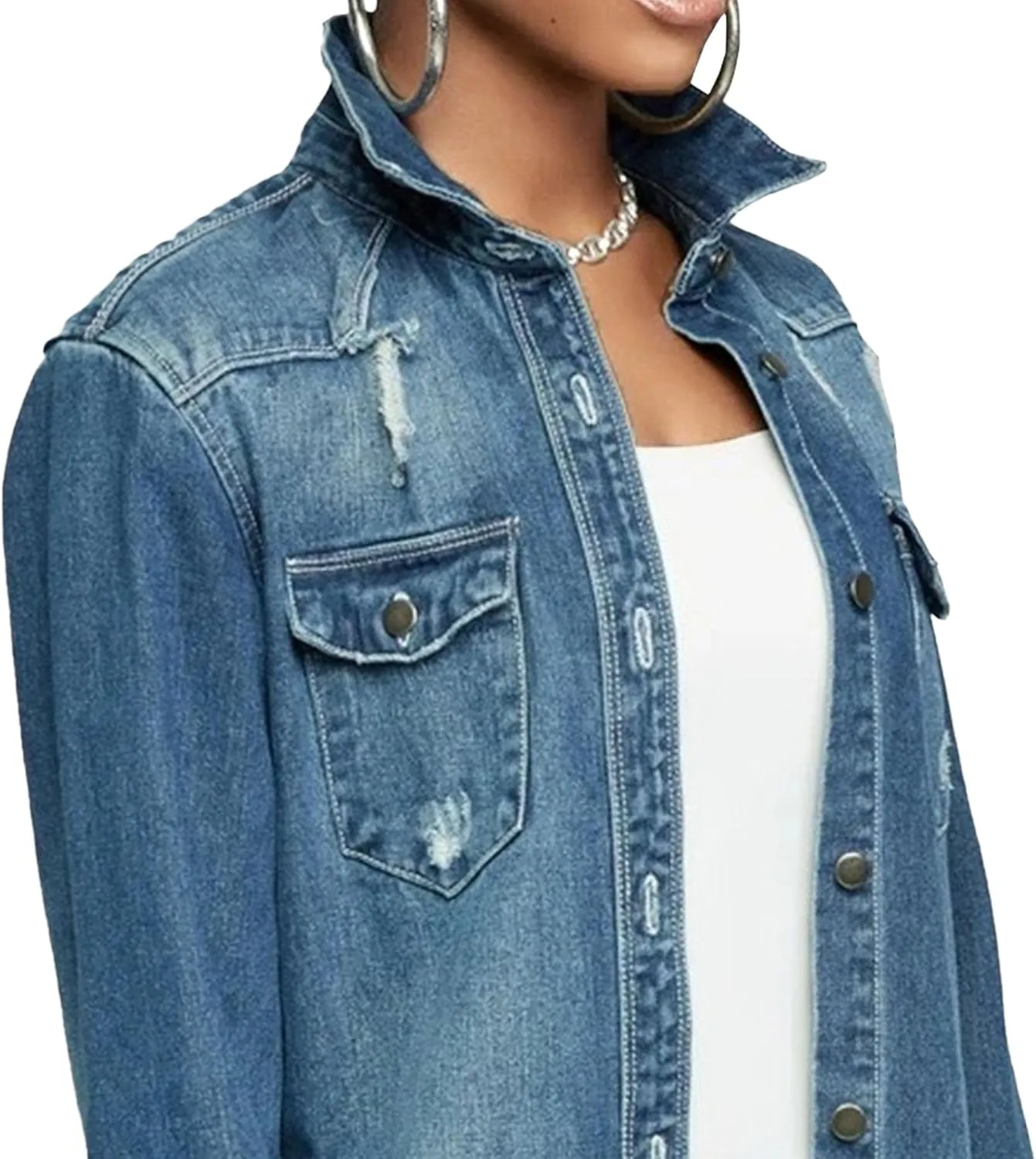 Denim Jackets for Women Trendy Denim Jacket for Women Winter Long Sleeve Classic Distressed Jean Trucker Jackets