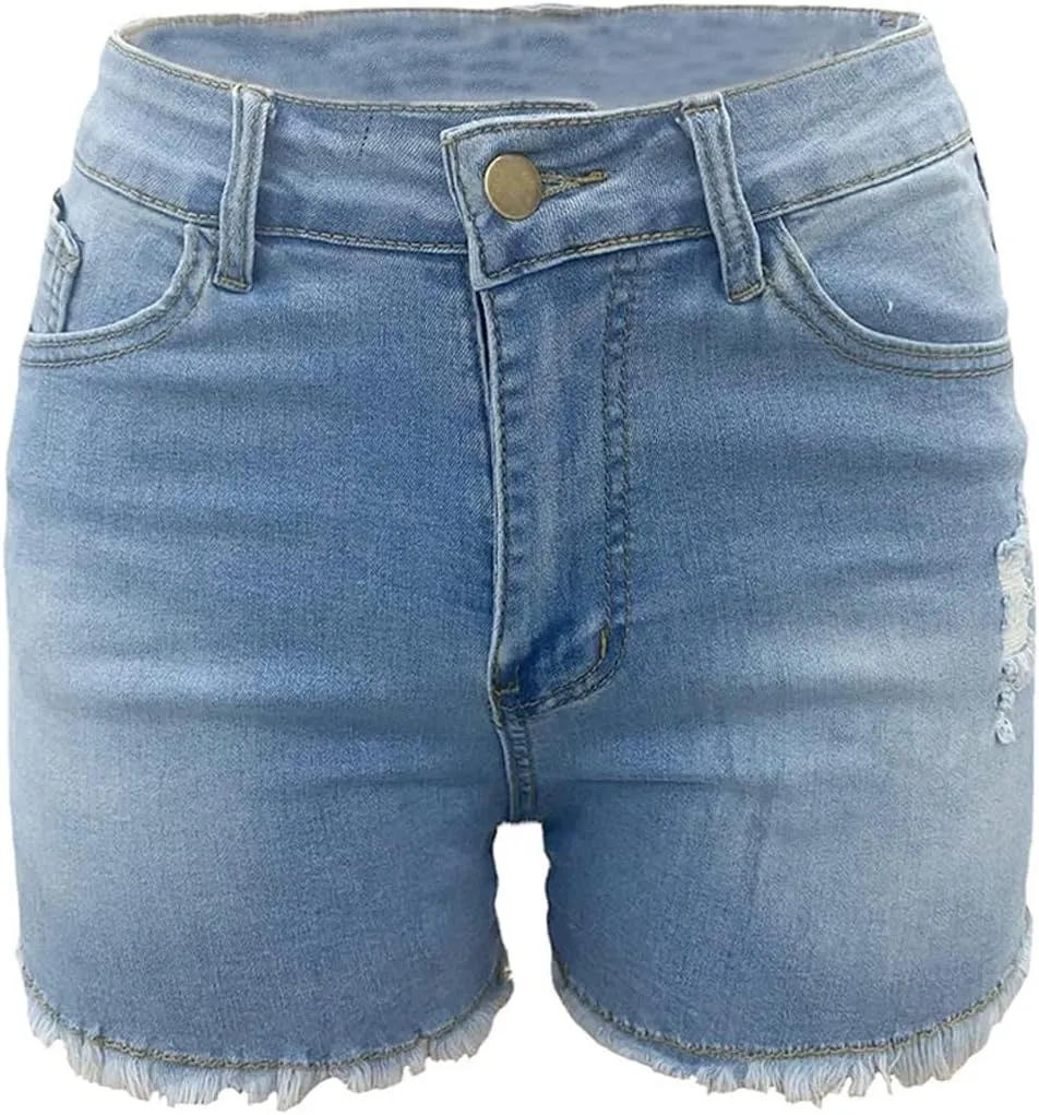 Denim Shorts for Women Casual Comfy High Waisted Short Leggings Trendy Distressed Ripped Frayed Raw Hem Short Jeans