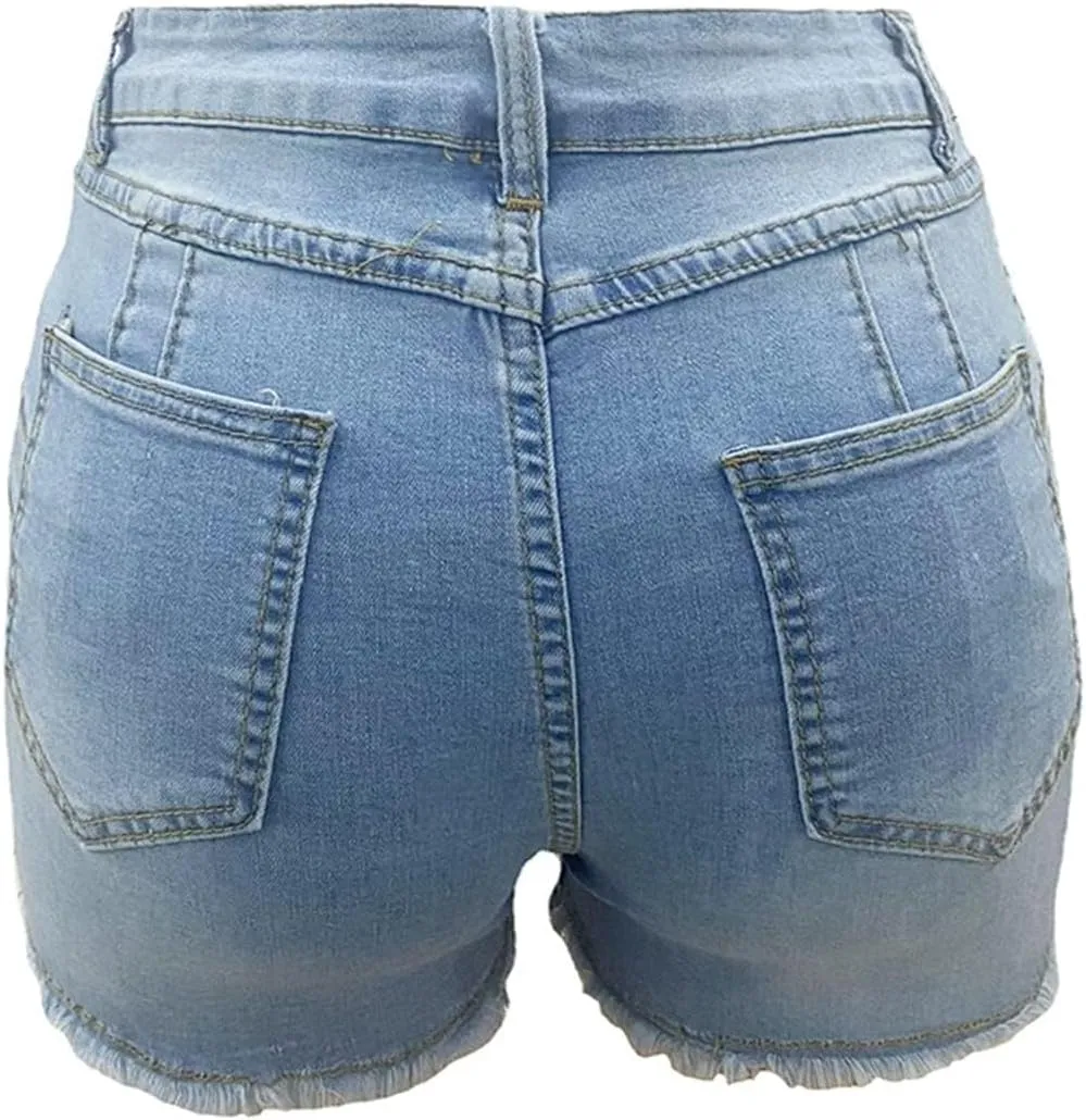 Denim Shorts for Women Casual Comfy High Waisted Short Leggings Trendy Distressed Ripped Frayed Raw Hem Short Jeans