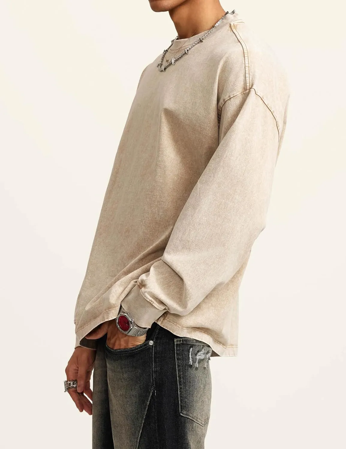 Dnzzs Men's Oversized T-Shirts Long Sleeve Crew Neck Sweatshirt Acid Wash Basic Cotton Tees Vintage Streetwear Tee Tops