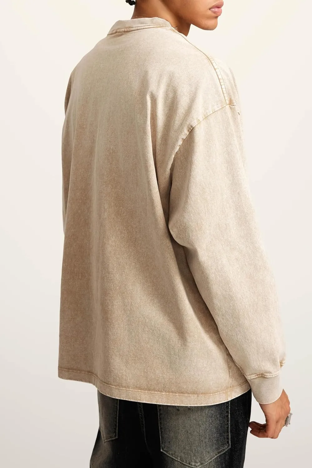 Dnzzs Men's Oversized T-Shirts Long Sleeve Crew Neck Sweatshirt Acid Wash Basic Cotton Tees Vintage Streetwear Tee Tops