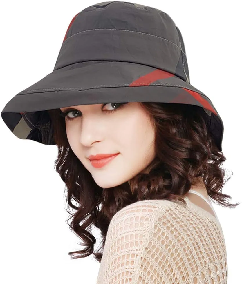 DOCILA Stylish Bucket Hats for Women Foldable Outdoor Plaid Fisherman Sun/Rain Cap with Chin Strap