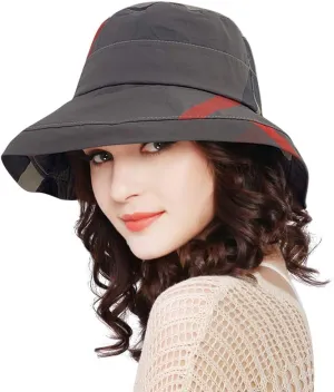 DOCILA Stylish Bucket Hats for Women Foldable Outdoor Plaid Fisherman Sun/Rain Cap with Chin Strap