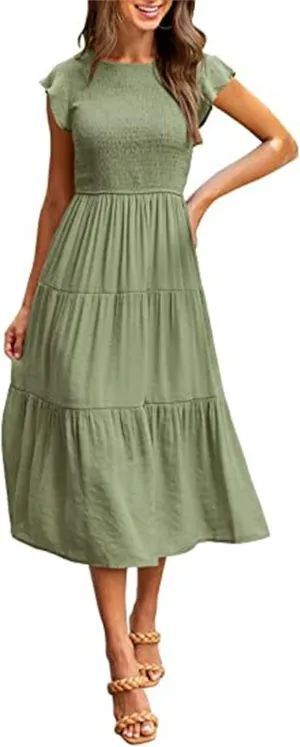 Dresses for Women Fashion Trendy Dressy Dresses Ruffle Sleeve Crewenck Pleated Waist Tiered Dress Swing Dress 2025
