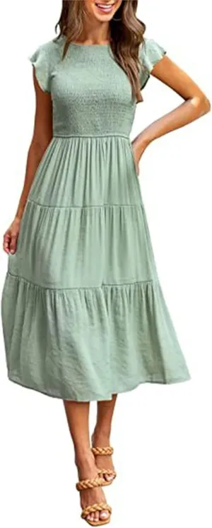 Dresses for Women Fashion Trendy Dressy Dresses Ruffle Sleeve Crewenck Pleated Waist Tiered Dress Swing Dress 2025