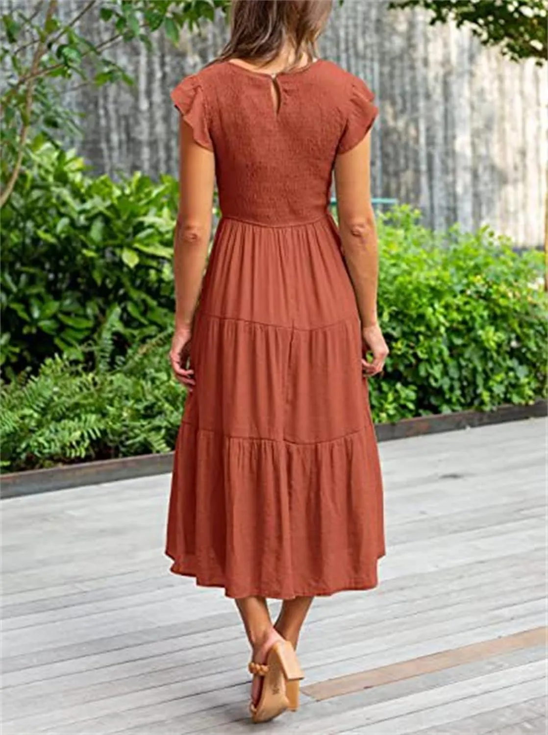 Dresses for Women Fashion Trendy Dressy Dresses Ruffle Sleeve Crewenck Pleated Waist Tiered Dress Swing Dress 2025