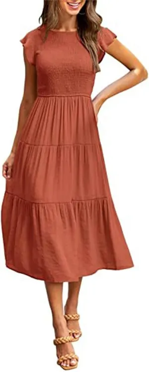 Dresses for Women Fashion Trendy Dressy Dresses Ruffle Sleeve Crewenck Pleated Waist Tiered Dress Swing Dress 2025