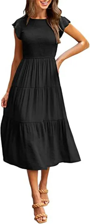 Dresses for Women Fashion Trendy Dressy Dresses Ruffle Sleeve Crewenck Pleated Waist Tiered Dress Swing Dress 2025