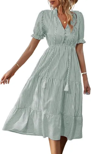 Dresses for Women Puff Sleeve V Neck Button Down Collared Shirts Dress Summer Sundress Waist Flowy Swing Dresses 2025