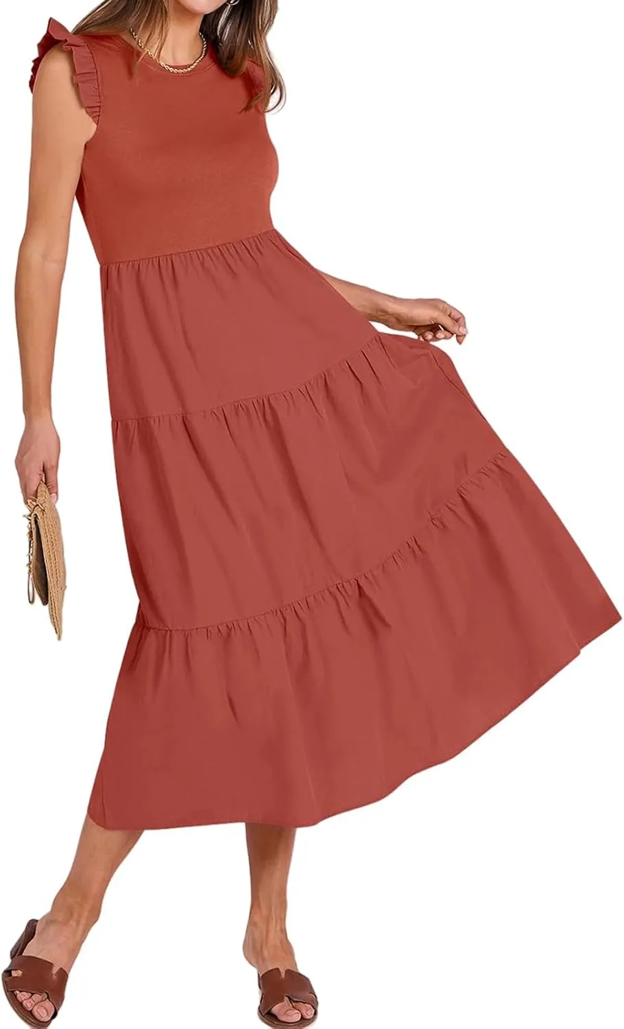 Dresses for Women Ruffle Sleeveless Midi Dress Summer Elastic Waist Tiered Midi Dress Casual Dressy Dresses 2025