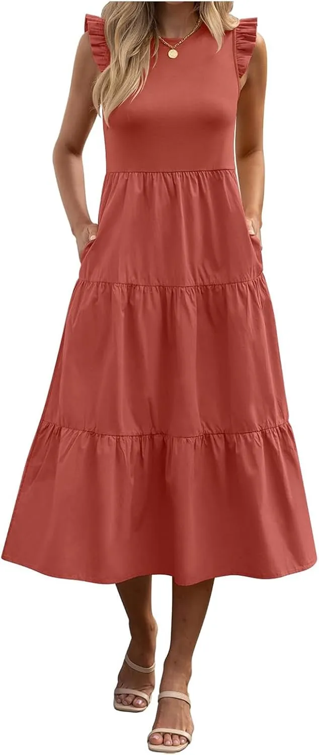 Dresses for Women Ruffle Sleeveless Midi Dress Summer Elastic Waist Tiered Midi Dress Casual Dressy Dresses 2025