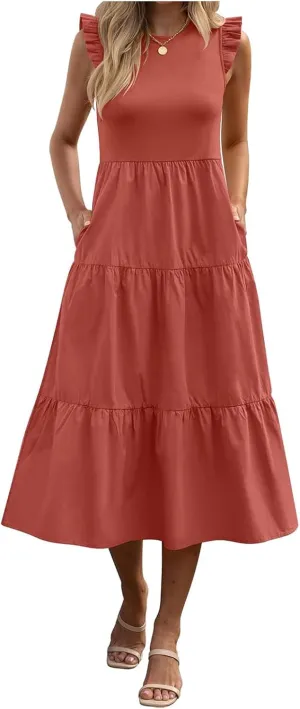 Dresses for Women Ruffle Sleeveless Midi Dress Summer Elastic Waist Tiered Midi Dress Casual Dressy Dresses 2025