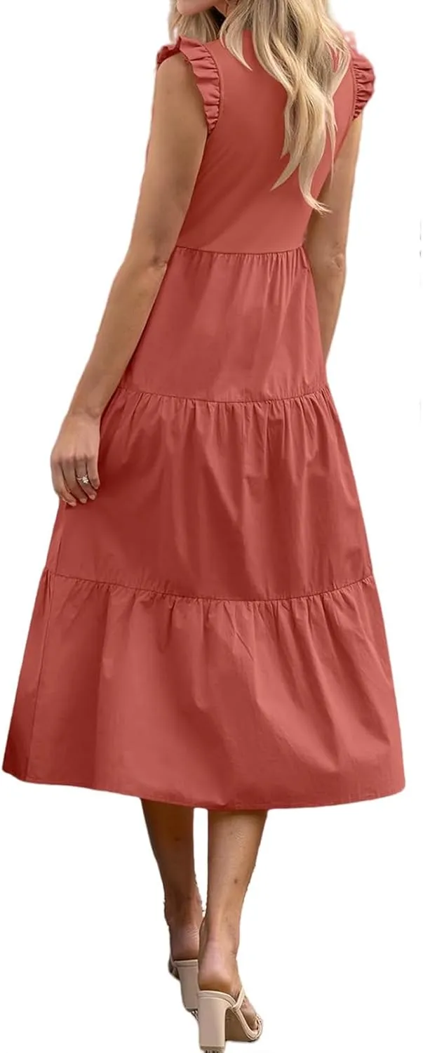 Dresses for Women Ruffle Sleeveless Midi Dress Summer Elastic Waist Tiered Midi Dress Casual Dressy Dresses 2025