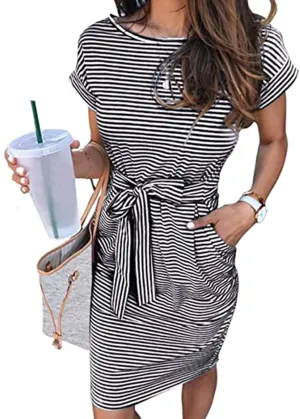 Dresses for Women Short Sleeve Crewneck Midi Tops Dress Summer Fashion Casual Dressy Tie Waist Dresses 2025